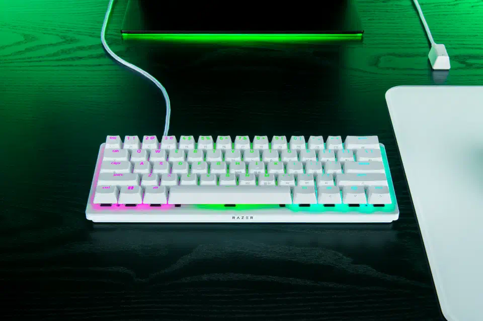 Razer Huntsman V3 Pro compact keyboard in white showing the low-profile design
