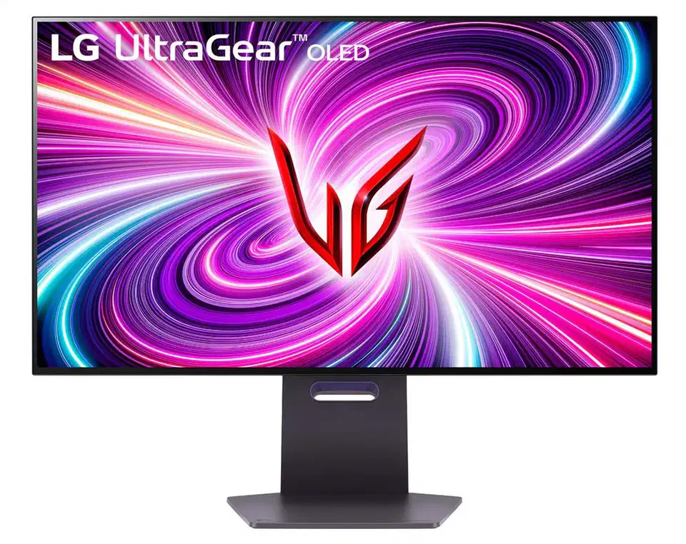 LG UltraGear 32GS95UE 32-inch OLED gaming monitor front view on a silver stand
