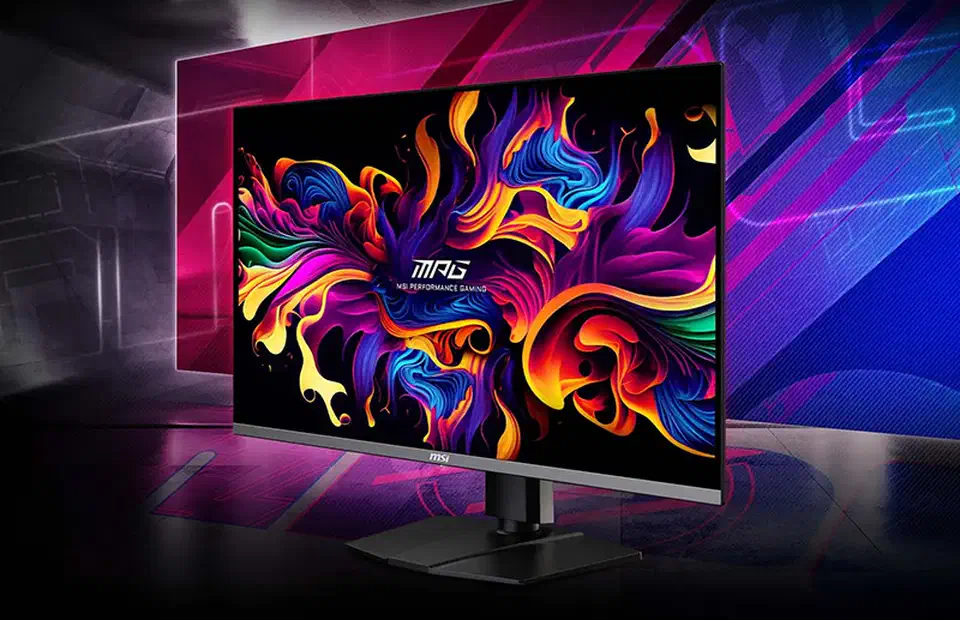 MSI MPG 321URX QD-OLED gaming monitor shown from the front with vibrant on-screen imagery