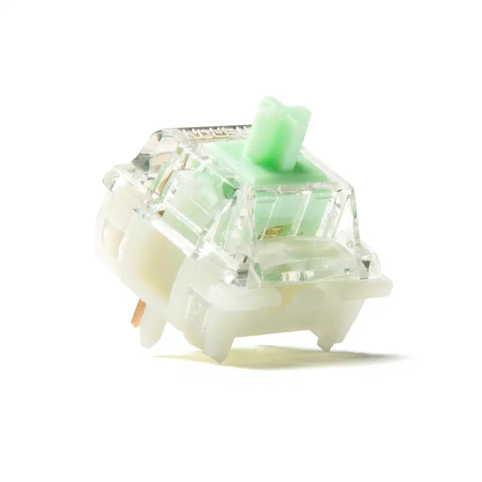 Gateron Baby Kangaroo V2 tactile switch with transparent top housing and bright green POM stem