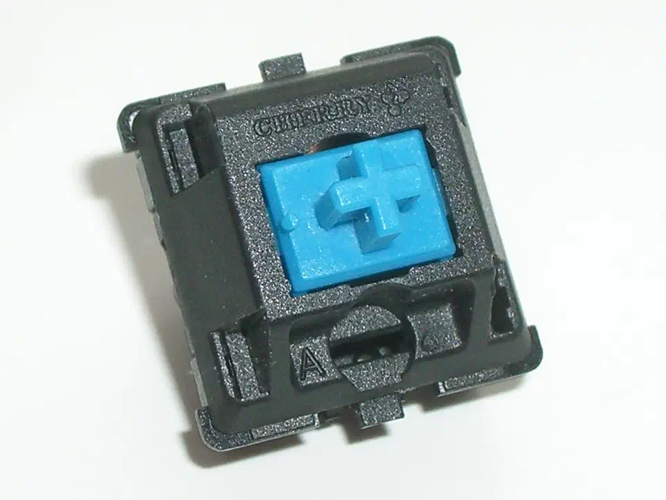 Cherry MX Blue mechanical keyboard switch showing the click jacket mechanism