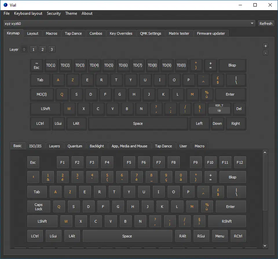 Vial desktop application showing a keyboard layout editor with drag-and-drop key remapping