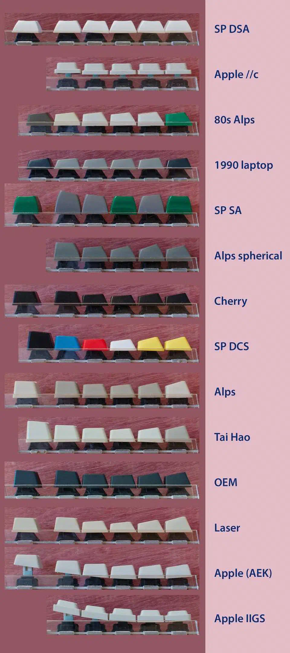Side-profile diagram comparing the shape and height of SA, MT3, Cherry, OEM, KAT, DSA, and XDA keycap profiles
