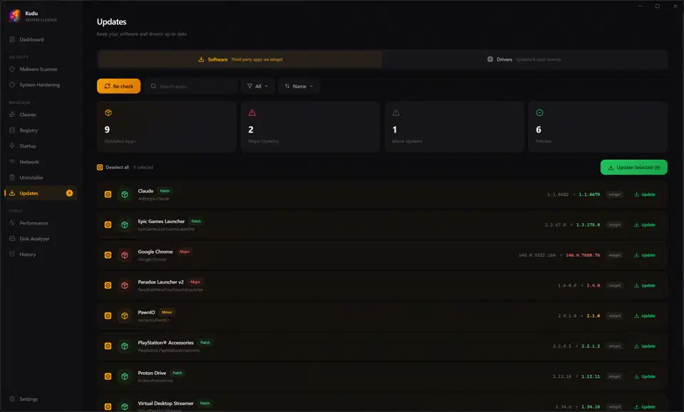 Kudu bulk software updater listing outdated packages found across winget, Chocolatey, Scoop and npm with update buttons