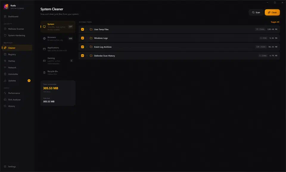 Kudu cleaner scan results screen listing junk file categories with the reclaimable space next to each one