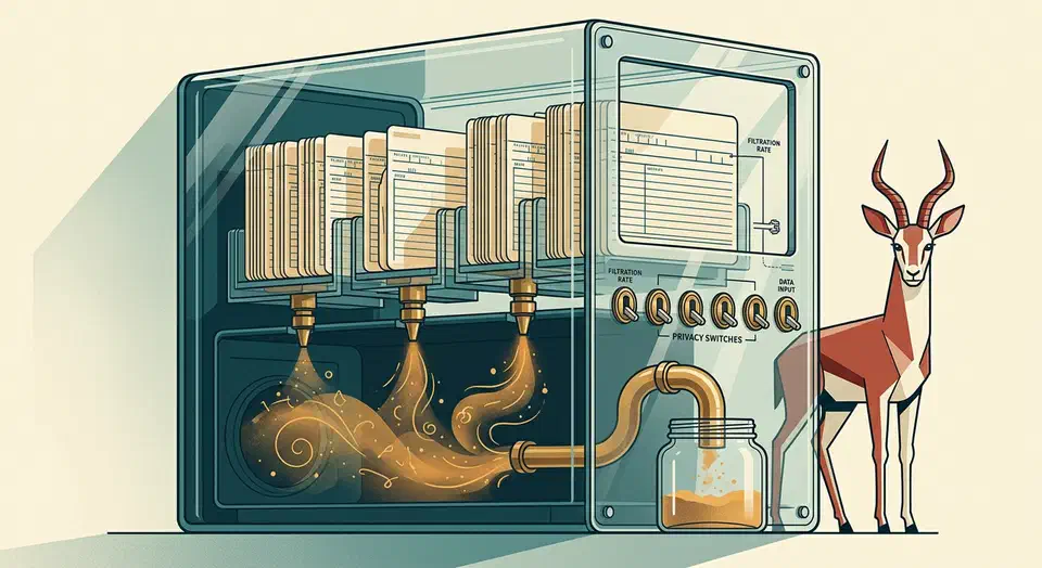 Cutaway glass computer tower whose internal mechanism is built from stacked readable rule cards feeding cleaning nozzles into a collection jar