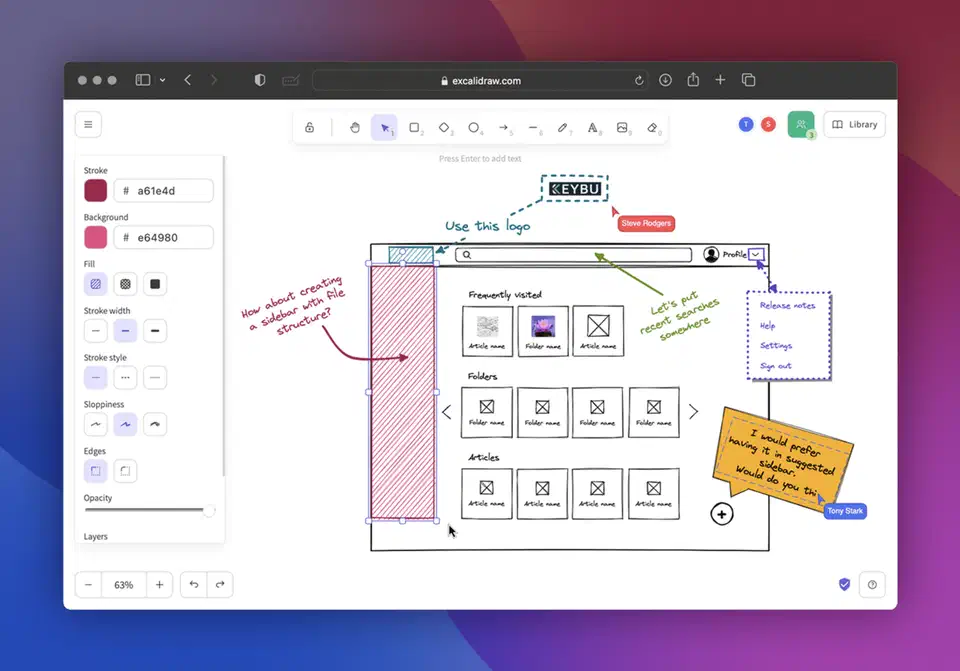 Excalidraw interface showing a collaborative wireframe with hand-drawn annotations and UI component sketches