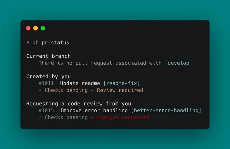 GitHub CLI showing gh pr status output with current branch, created PRs, and review requests in a terminal