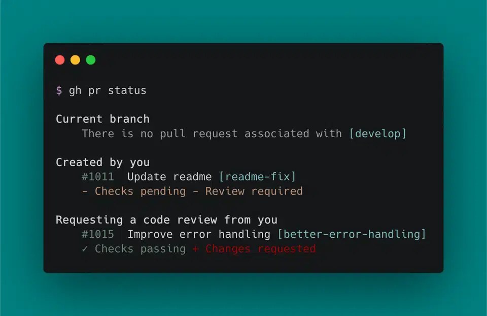 GitHub CLI showing gh pr status output with current branch, created PRs, and review requests in a terminal