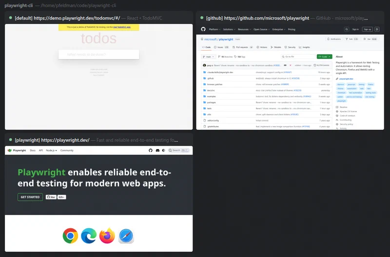 Playwright dashboard showing four concurrent browser sessions with live screencast previews of different websites