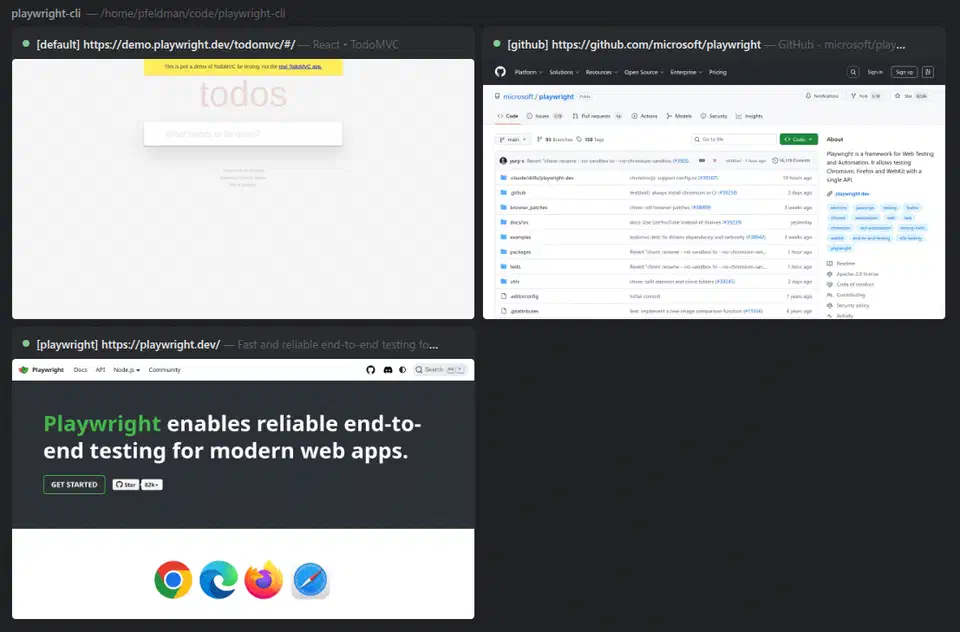 Playwright dashboard showing four concurrent browser sessions with live screencast previews of different websites