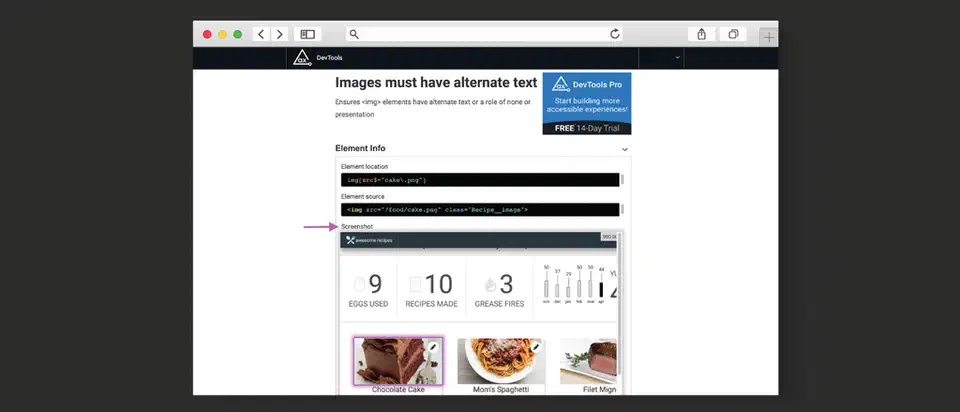 axe DevTools extension highlighting a missing alt text issue with element info and screenshot capture
