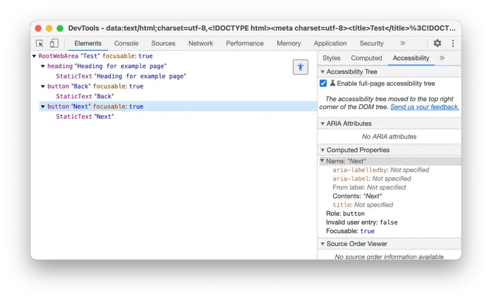 Chrome DevTools accessibility tree view showing how the browser exposes form elements, ARIA roles, and computed properties to assistive technology