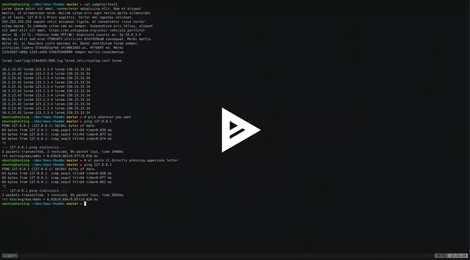 tmux-thumbs showing single-character hints overlaid on copyable text patterns in a terminal pane