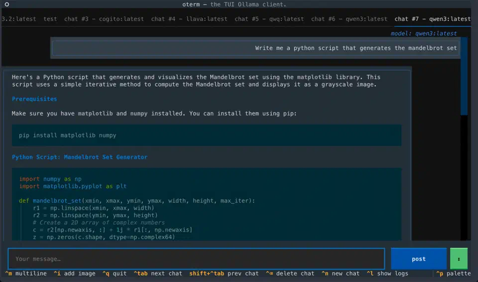 oterm terminal UI showing an Ollama chat session with code generation in a dark terminal interface