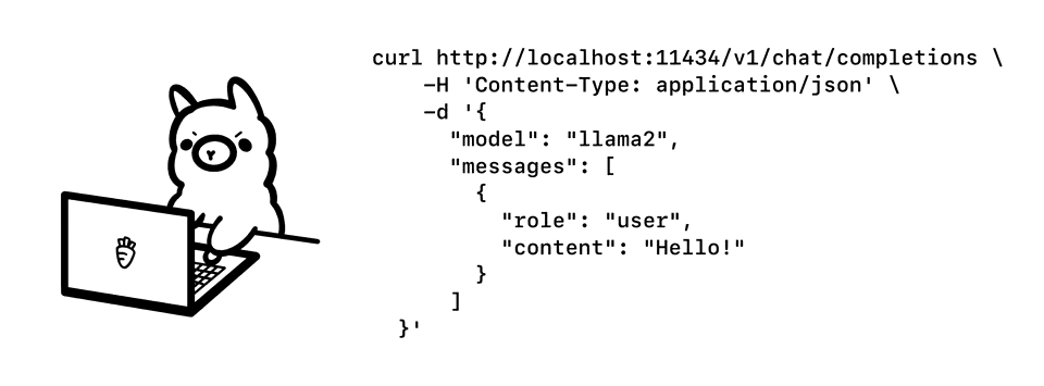 Ollama mascot demonstrating a curl request to the local REST API on localhost:11434