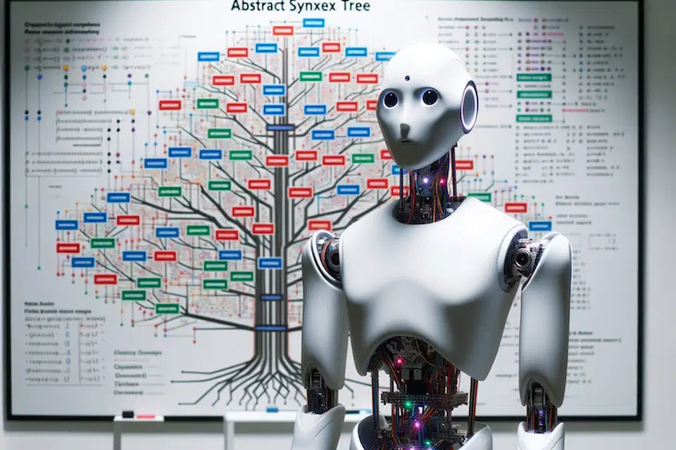 Aider&rsquo;s tree-sitter powered repository mapping concept, showing a robot analyzing an abstract syntax tree