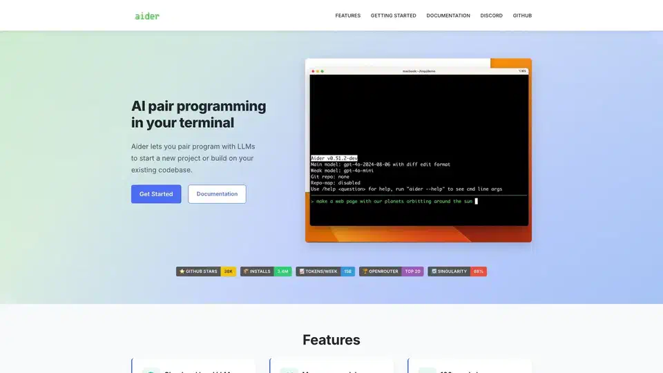 Aider running in a terminal session showing the AI pair programming interface