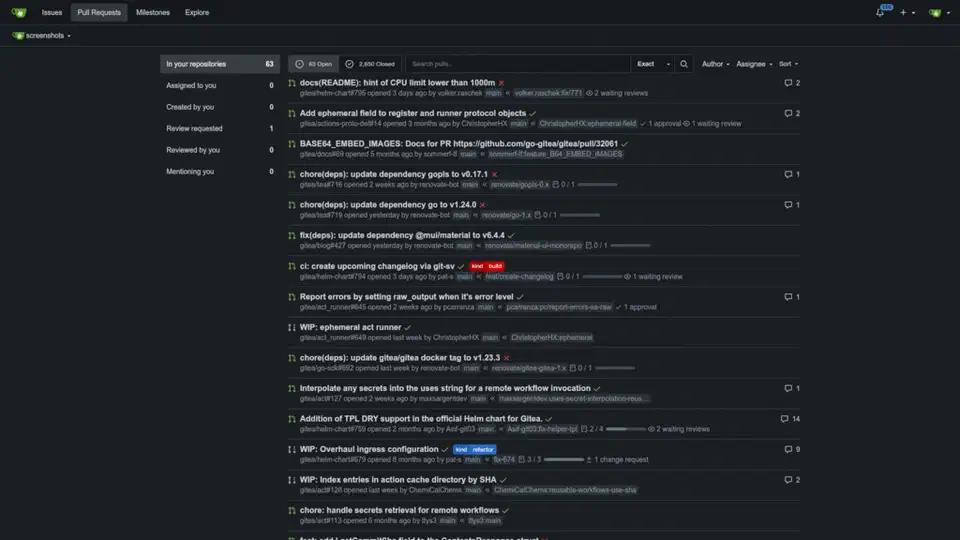 Gitea pull request listing showing open and merged PRs with status labels and review indicators