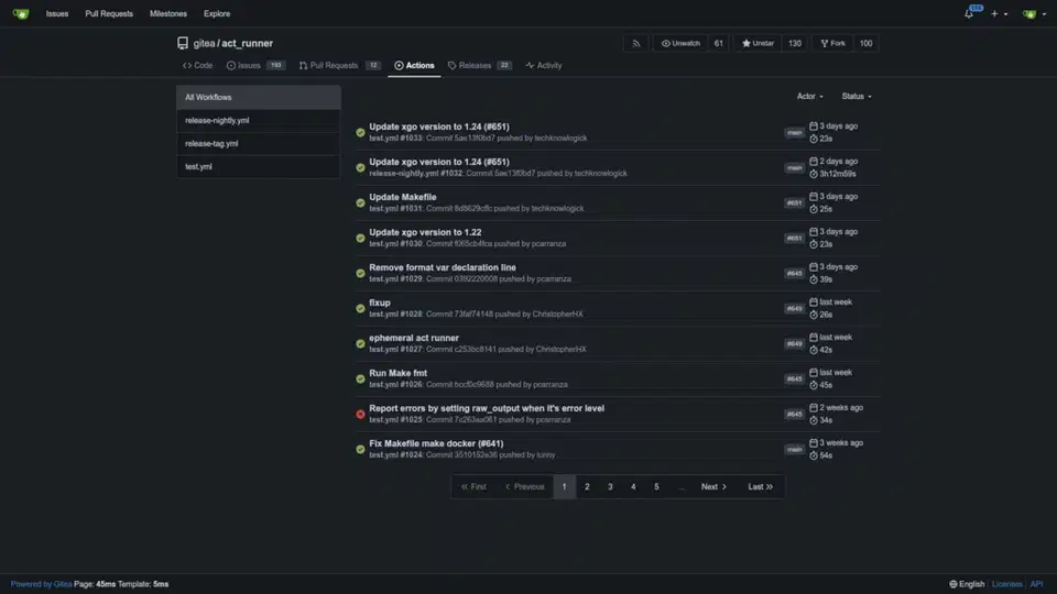 Gitea Actions workflow runs interface showing completed and in-progress CI jobs with status indicators