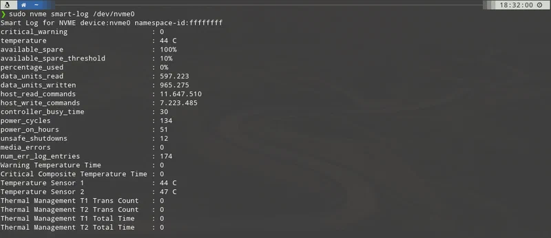 nvme smart-log terminal output displaying drive health attributes including temperature, percentage used, and available spare