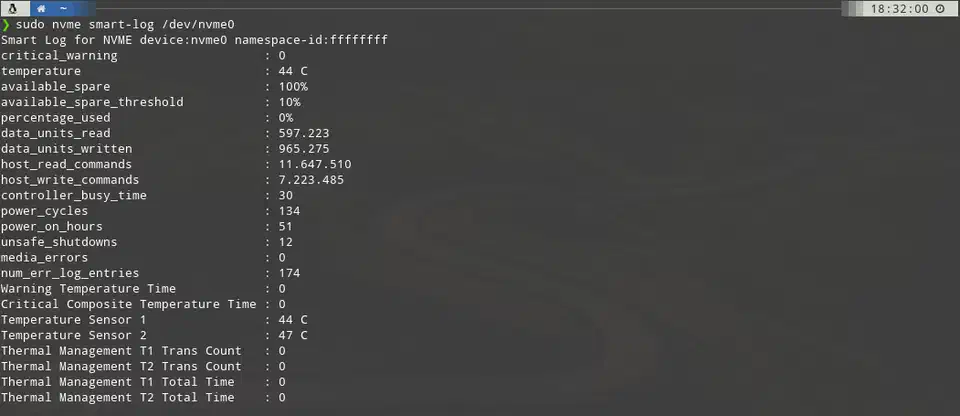 nvme smart-log terminal output displaying drive health attributes including temperature, percentage used, and available spare