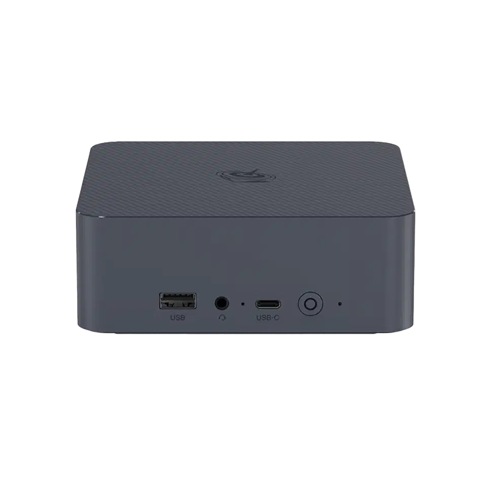 Beelink mini PC front view showing a compact dark gray chassis with front I/O ports