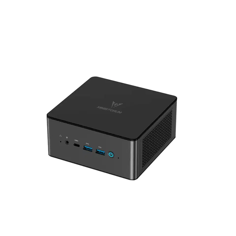 MinisForum UM890 Pro mini PC product photo showing a compact silver and black chassis