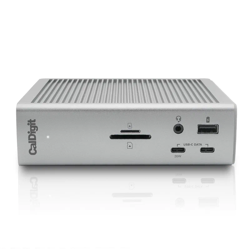 CalDigit TS4 Thunderbolt 4 docking station front view showing the aluminum chassis and front-panel ports