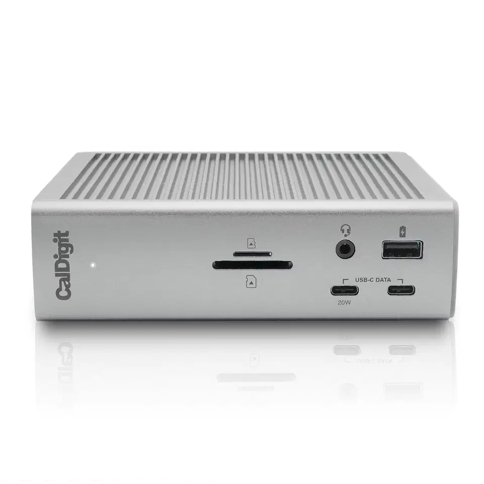 CalDigit TS4 Thunderbolt 4 docking station front view showing the aluminum chassis and front-panel ports