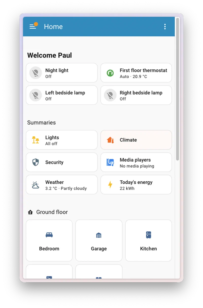 Home Assistant 2026 mobile dashboard showing summary cards for lights, climate, security, and media