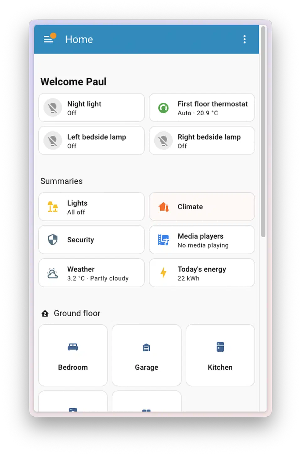 Home Assistant 2026 mobile dashboard showing summary cards for lights, climate, security, and media