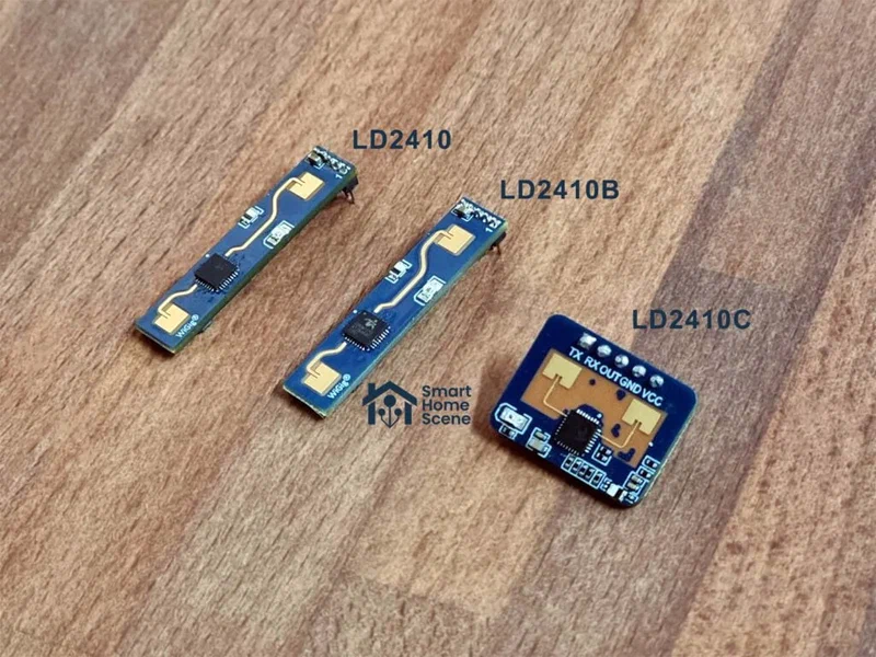 Three variants of the HLK-LD2410 mmWave radar sensor showing the standard, B, and C models side by side