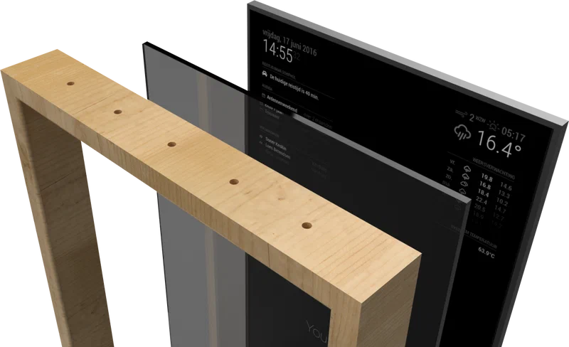 MagicMirror exploded view showing wooden frame, two-way glass panel, and monitor with widgets layered behind