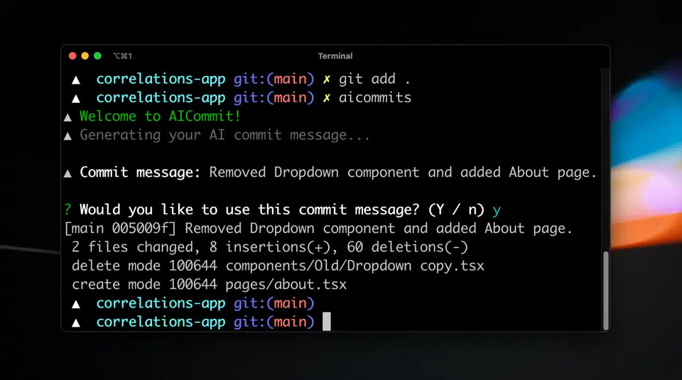 The aicommits CLI generating a conventional commit message from a staged diff in the terminal