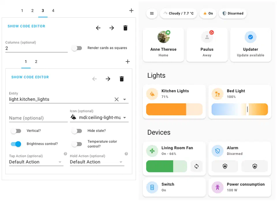 Mushroom cards dashboard showing various card types including entity cards, template cards, and chip cards in a clean layout