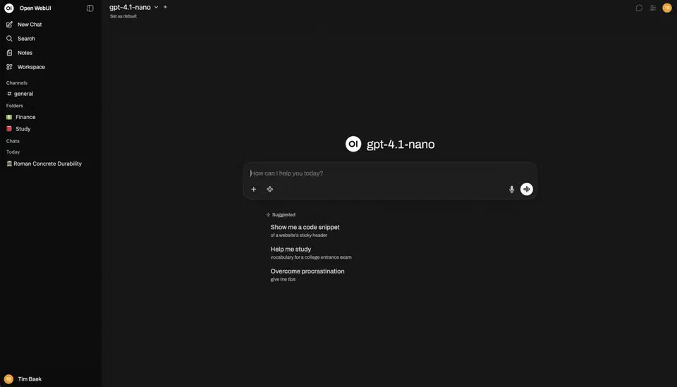 Open WebUI chat interface showing a conversation with a local LLM model with code generation and execution capabilities