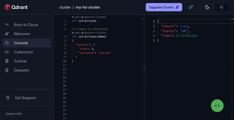 Qdrant web dashboard showing collection management with vector counts, dimension info, and REST API console