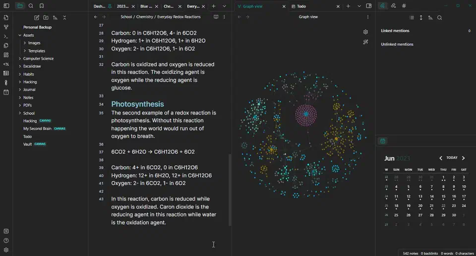 Obsidian desktop showing a note editor, file manager, and graph view with interconnected nodes representing linked notes in a personal knowledge base