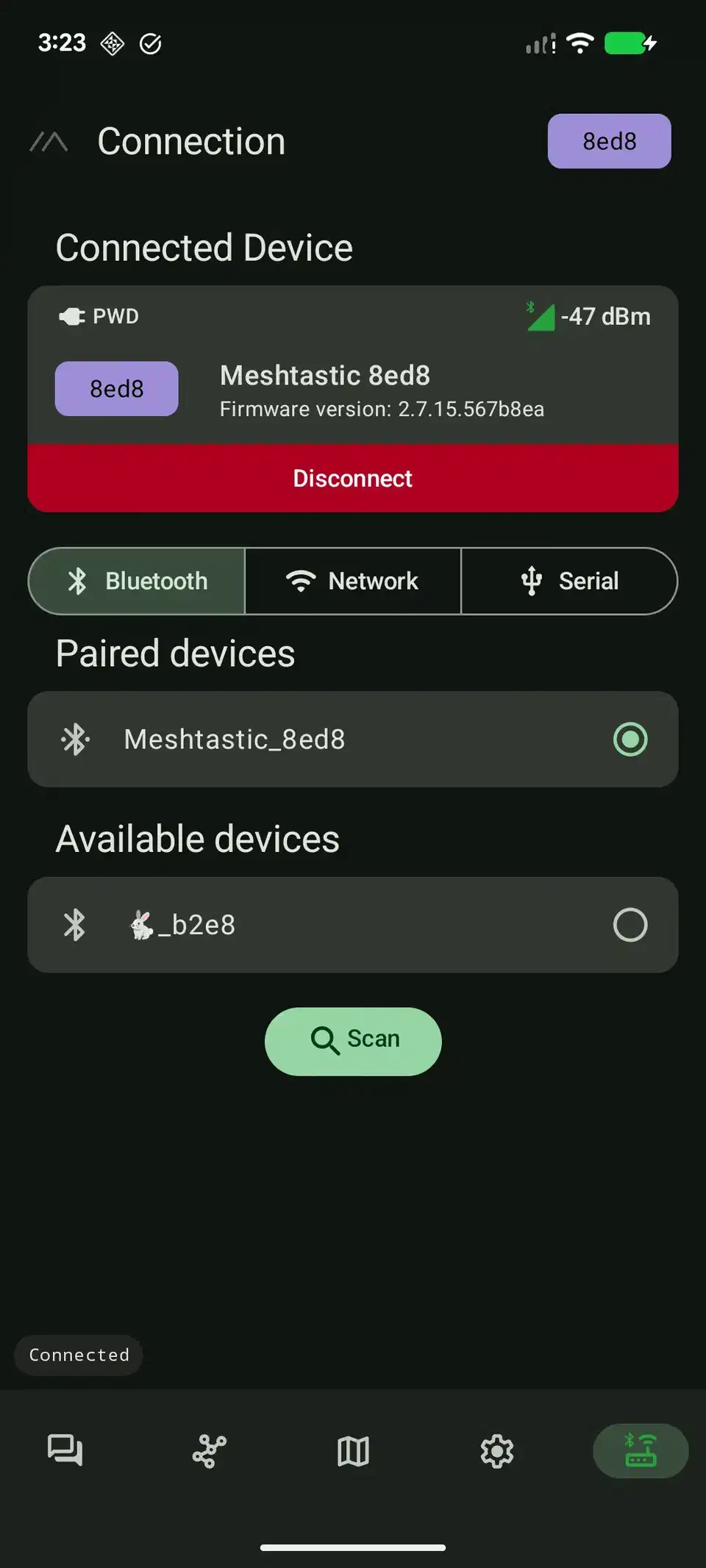 Meshtastic Android app showing connected node status and navigation interface for off-grid mesh networking