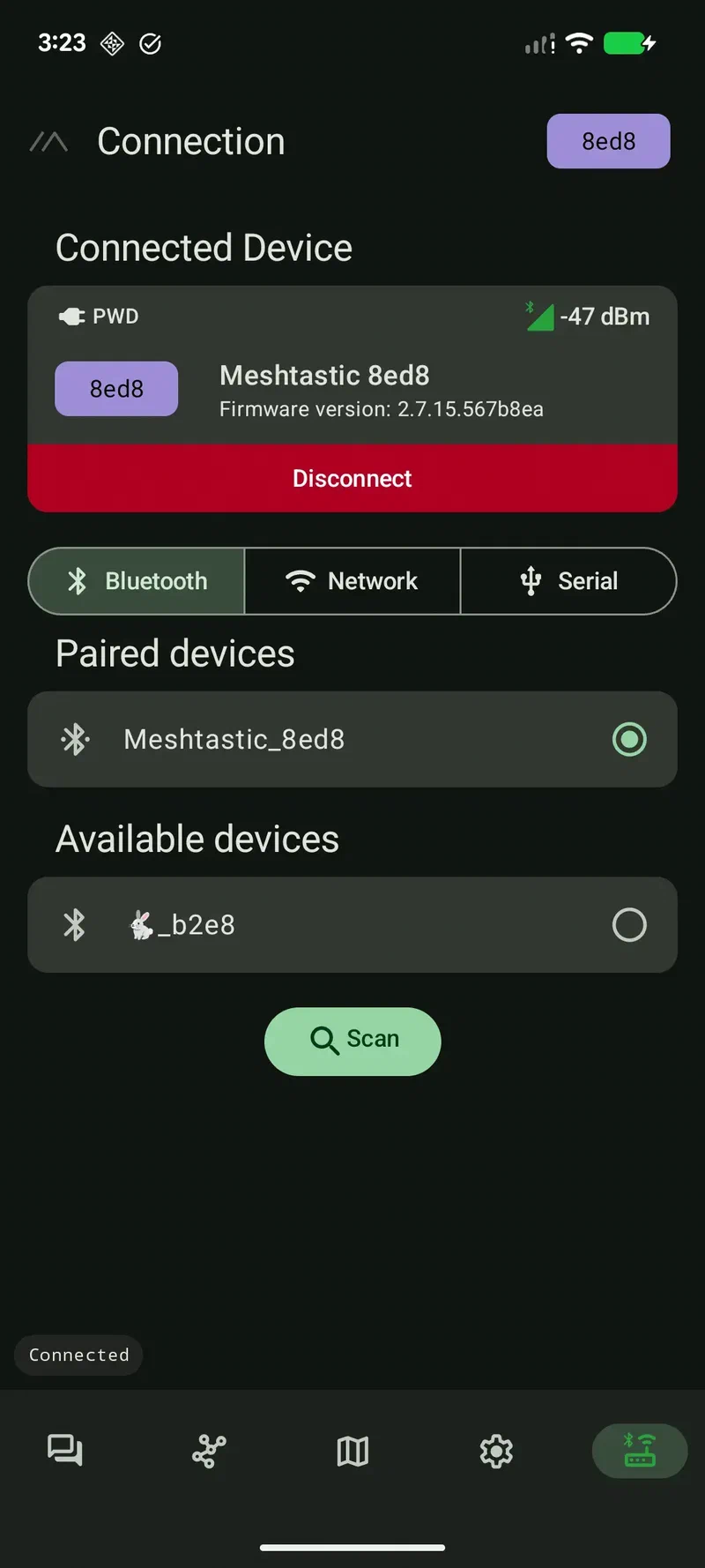 Meshtastic Android app showing connected node status and navigation interface for off-grid mesh networking
