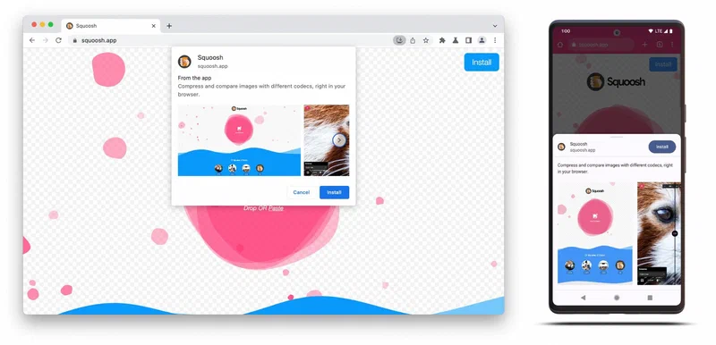 Chrome richer install UI showing app screenshots on both desktop and mobile install dialogs