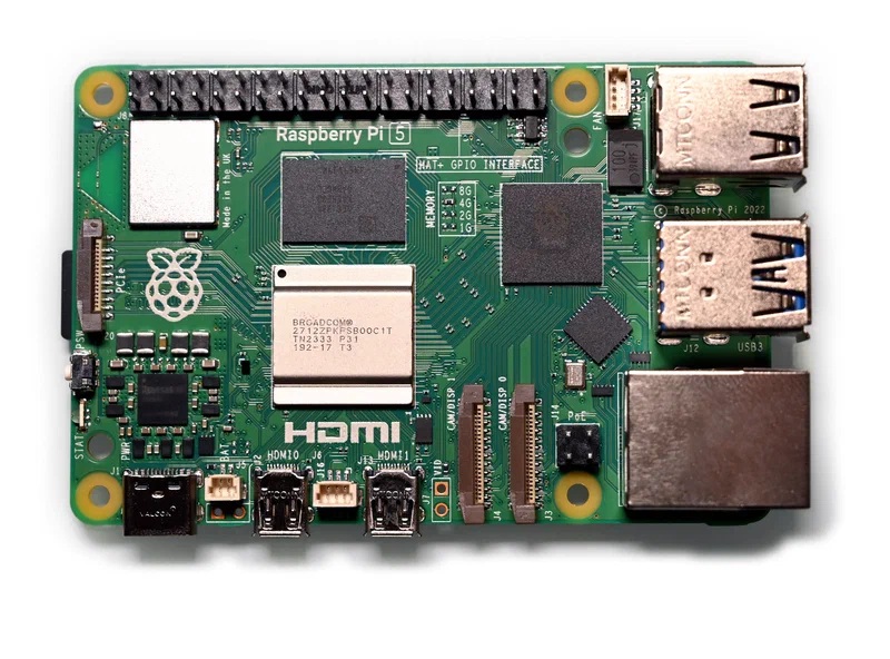 Raspberry Pi 5 board showing the quad-core Cortex-A76 CPU and VideoCore VII GPU