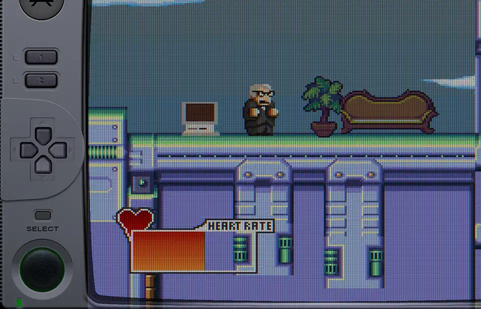 RetroArch running a game with console-shaped bezel overlay on a widescreen display