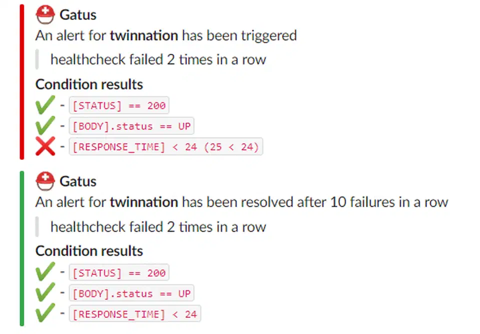 Gatus Slack notification showing endpoint failure with service name, URL, and condition details