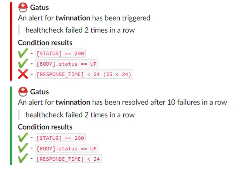 Gatus Slack notification showing endpoint failure with service name, URL, and condition details