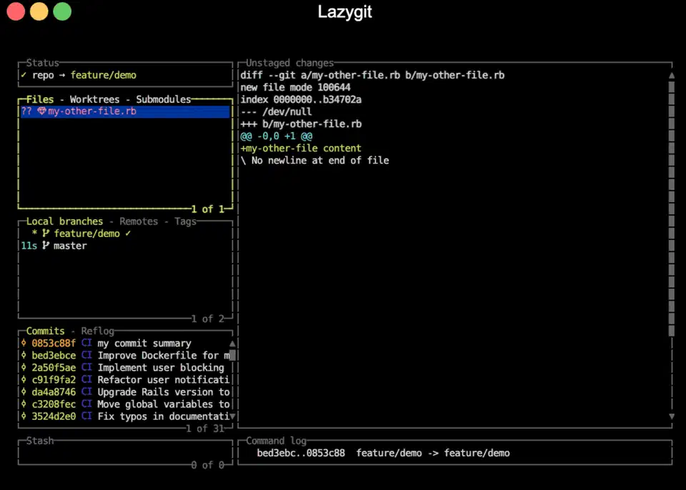 lazygit terminal UI showing git log, diff, and branch panels