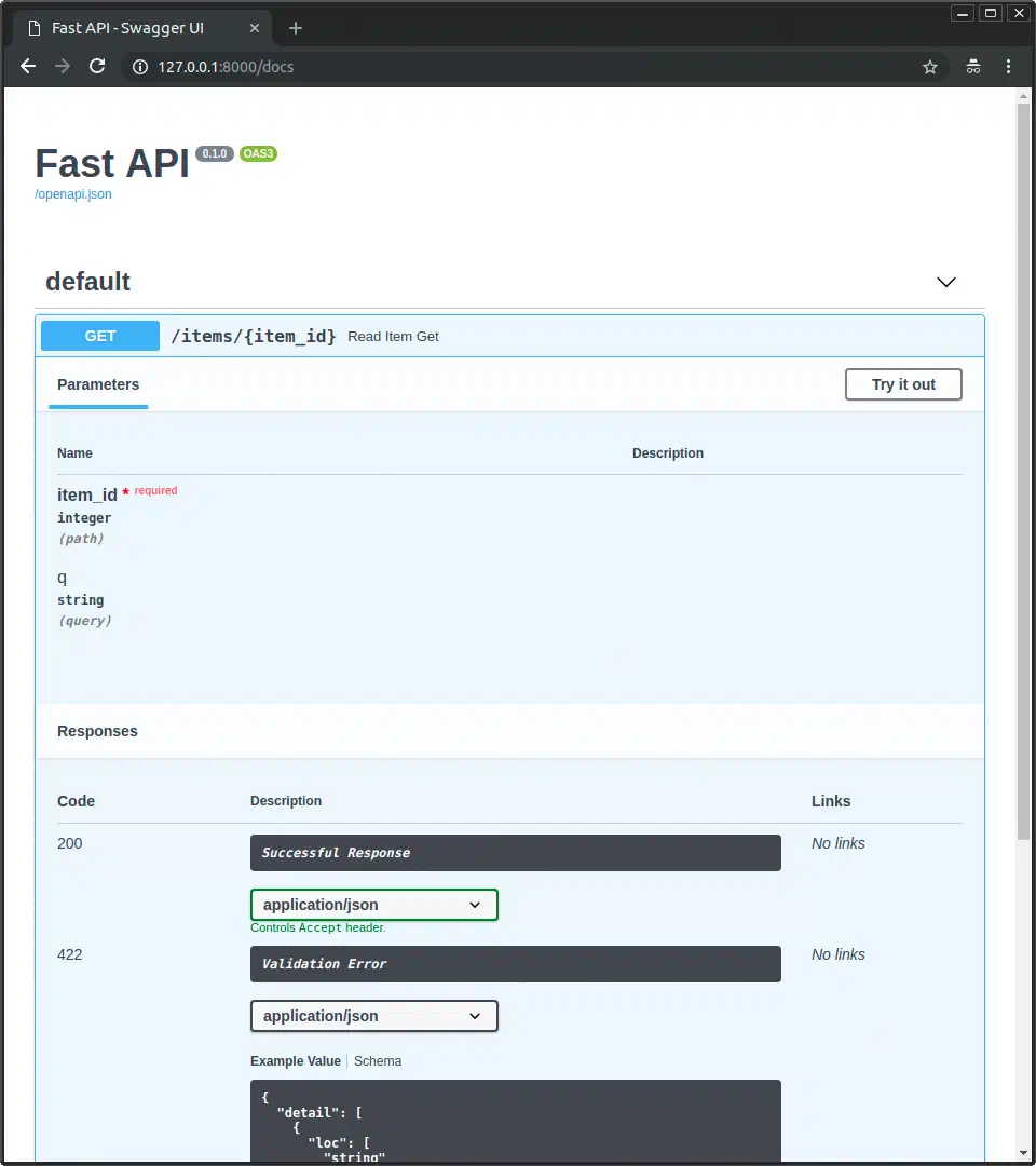 FastAPI automatic Swagger UI showing interactive API documentation with endpoint listing