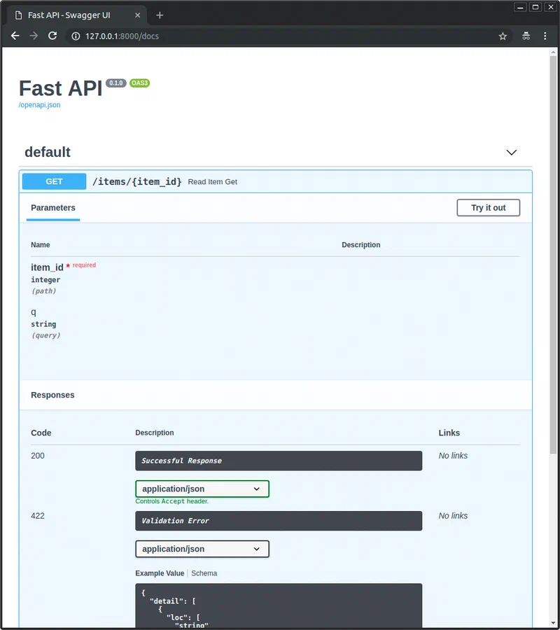 FastAPI automatic Swagger UI showing interactive API documentation