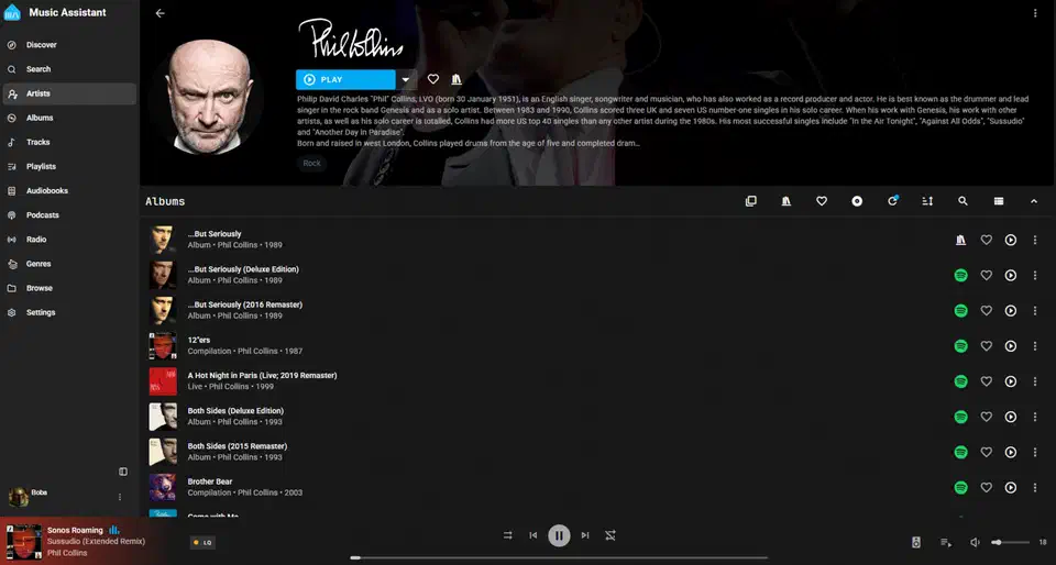 Music Assistant web interface showing album library and player controls